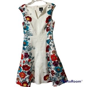 Adrianna Papell Floral Embroidered Midi Dress - White, Red, Blue